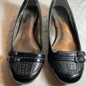 Aldo Women Ballet Flat Pumps Black Leather Perforated Buckle Slip On Low Heel